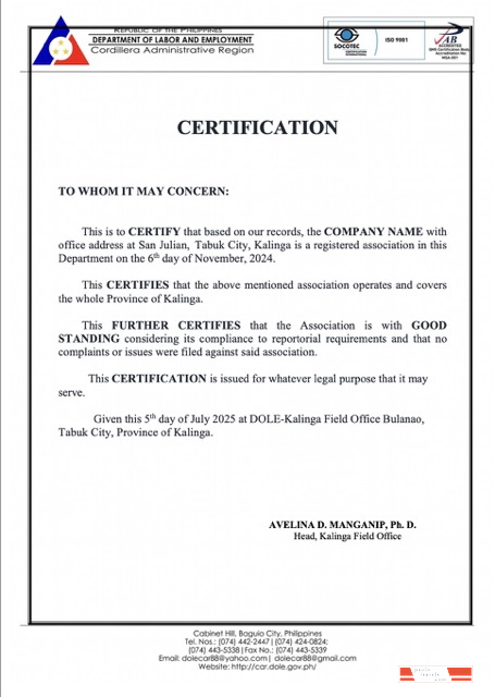 Philippines certificate of good standing Word and PDF template